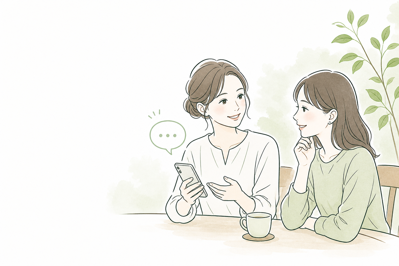 スマートフォンを見ながら相談する二人の女性のイラスト