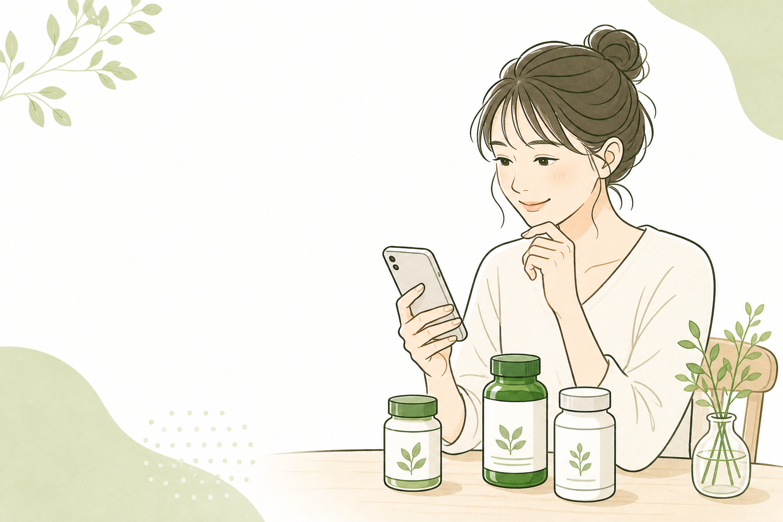 スマートフォンで商品選びを確認する女性のイラスト