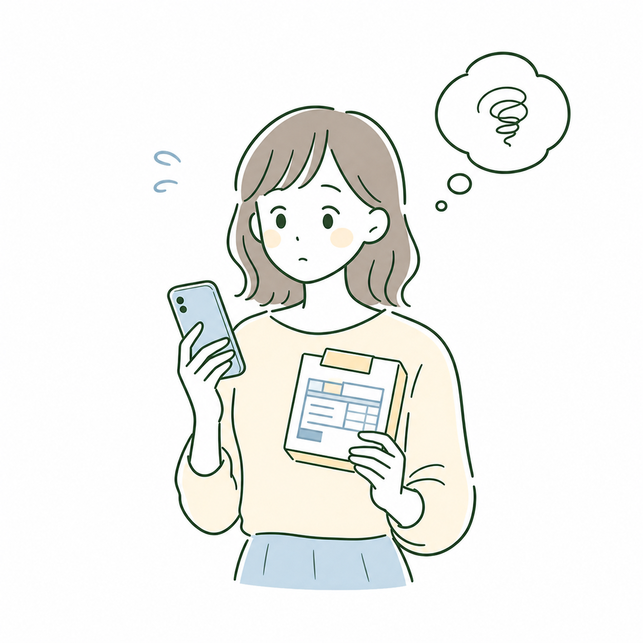 個人輸入の手続きに不安を感じる女性のイラスト