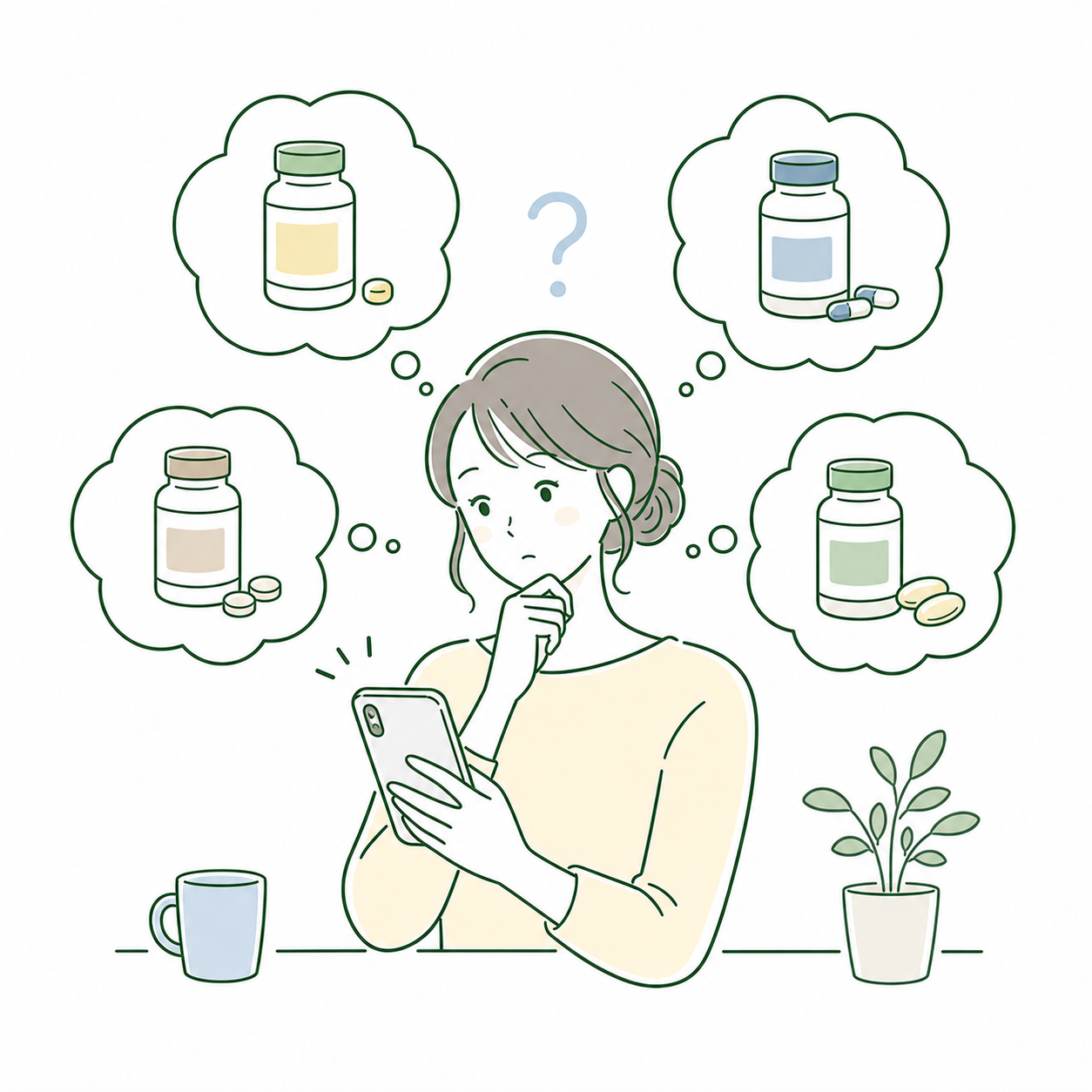 複数の商品から選ぶことに迷う女性のイラスト